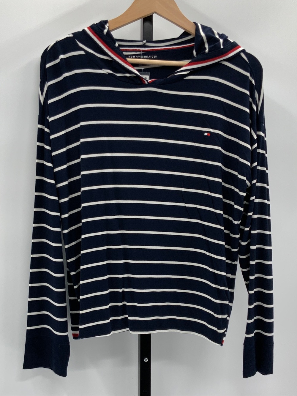 Tommy Hilfiger Navy, White & Red Striped Hooded Pullover